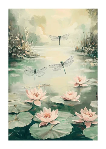 Poster Dancing Dragonflies And Lilies