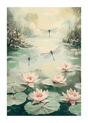 Póster Dancing Dragonflies And Lilies