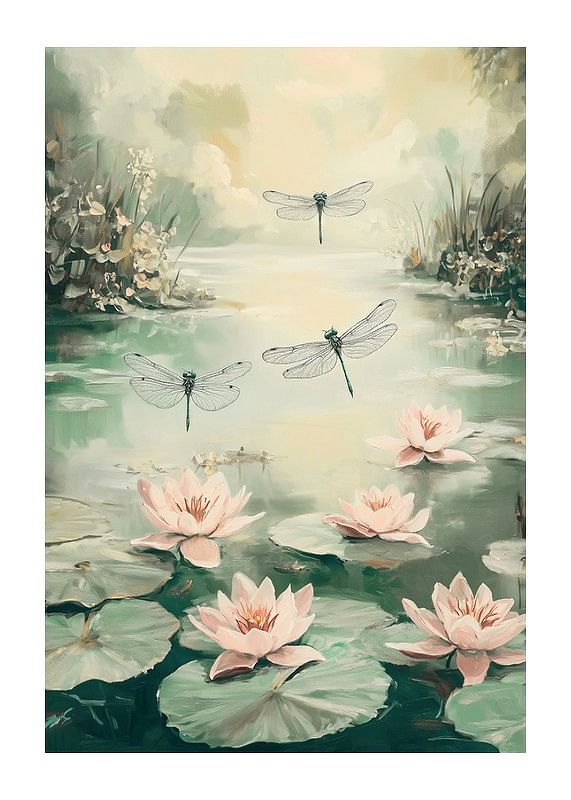 Plagát Dancing Dragonflies And Lilies