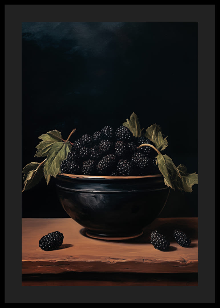 Een poster met bramen en donkere tinten -12