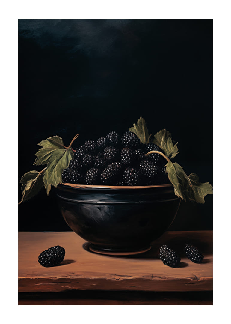 Een poster met bramen en donkere tinten -12