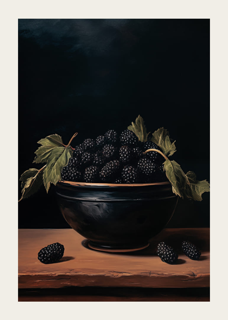 Een poster met bramen en donkere tinten -12