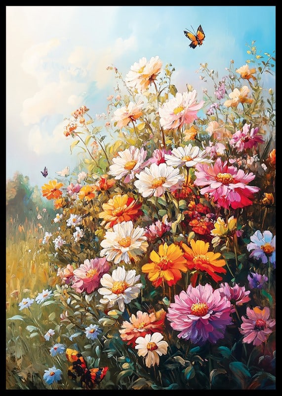 Ein Poster mit einer blühenden Sommerwiese und im Sonnenlicht tanzenden Schmetterlingen-12