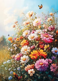 Ein Poster mit einer blühenden Sommerwiese und im Sonnenlicht tanzenden Schmetterlingen-7
