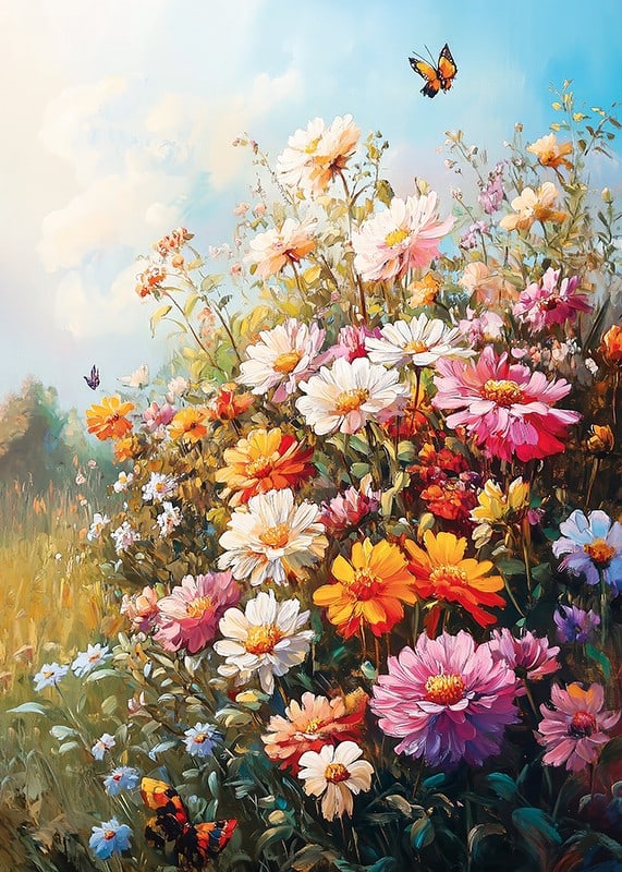 Ein Poster mit einer blühenden Sommerwiese und im Sonnenlicht tanzenden Schmetterlingen-12