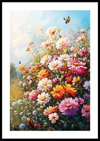 Ein Poster mit einer blühenden Sommerwiese und im Sonnenlicht tanzenden Schmetterlingen-0