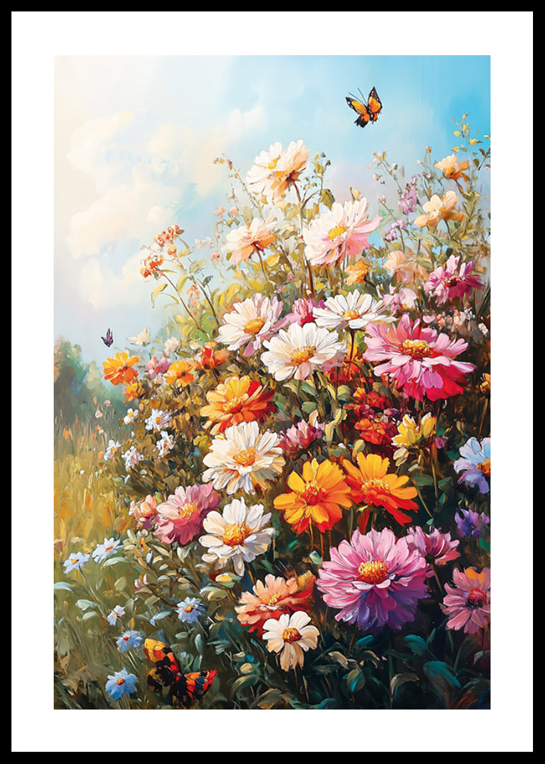 Ein Poster mit einer blühenden Sommerwiese und im Sonnenlicht tanzenden Schmetterlingen-12