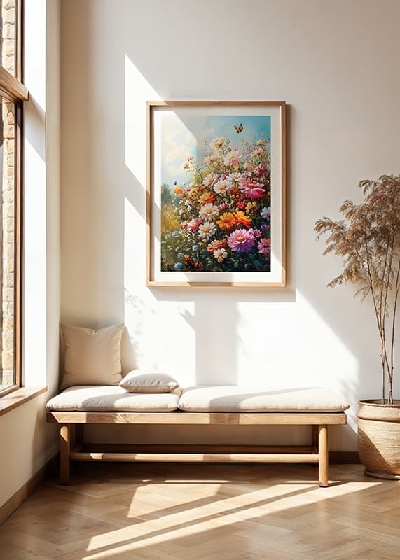 Ein Poster mit einer blühenden Sommerwiese und im Sonnenlicht tanzenden Schmetterlingen-12