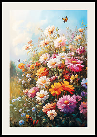 Ein Poster mit einer blühenden Sommerwiese und im Sonnenlicht tanzenden Schmetterlingen-2