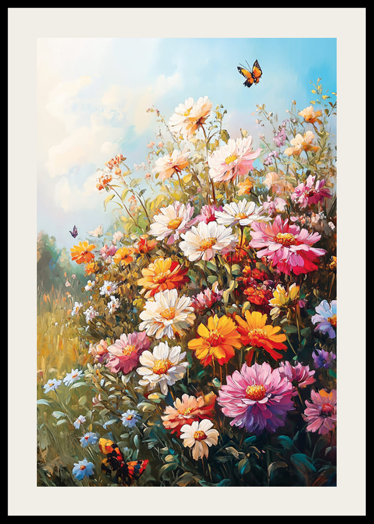 A poster with a blooming summer meadow and butterflies dancing in the sunlight-12
