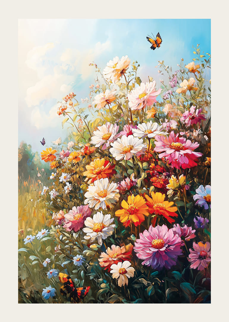 A poster with a blooming summer meadow and butterflies dancing in the sunlight-12