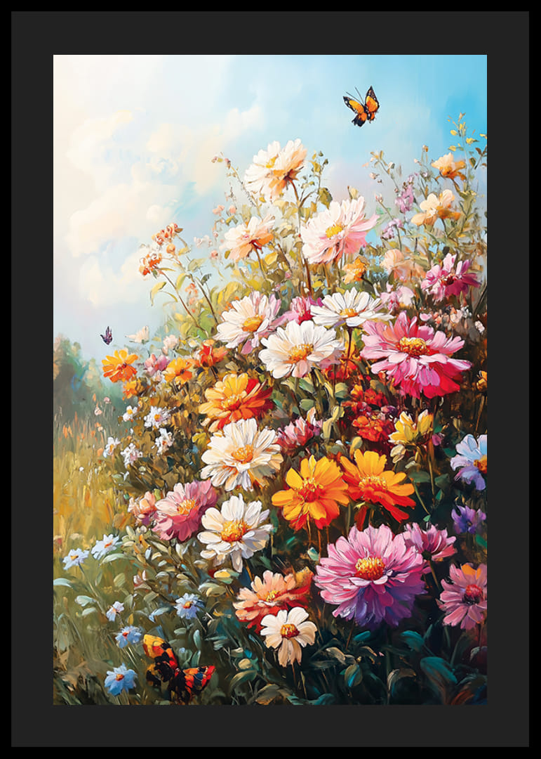 A poster with a blooming summer meadow and butterflies dancing in the sunlight-12