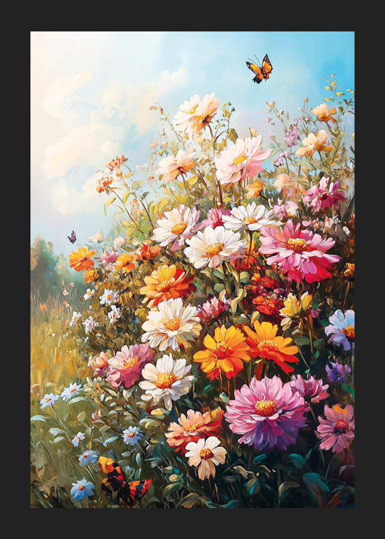 Ein Poster mit einer blühenden Sommerwiese und im Sonnenlicht tanzenden Schmetterlingen-12