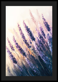 Ein Poster mit sonnenbeschienenen Lavendelfeldern in sanften Lila- und Pastelltönen-4