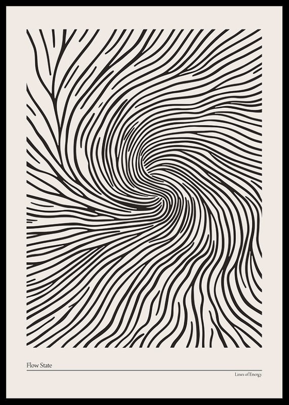 Poster with abstract black lines swirling inwards creating a hypnotic spiral-12