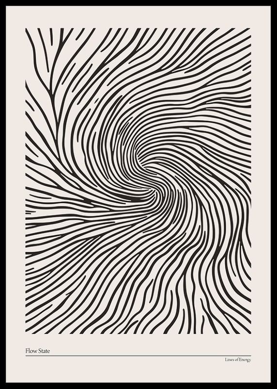 Plakat med abstrakte sorte linjer, der hvirvler indad og skaber en hypnotisk spiral-12