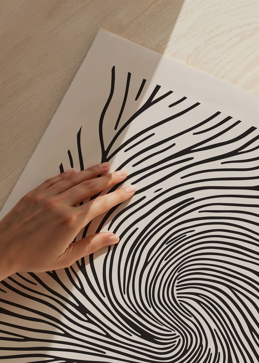 Plakat med abstrakte sorte linjer, der hvirvler indad og skaber en hypnotisk spiral-12