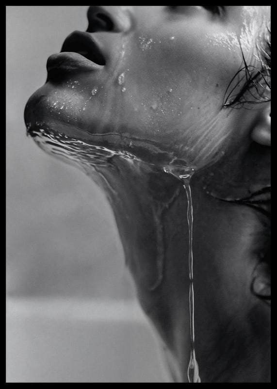 Black and white poster with a sensual photograph of a model with running water-12