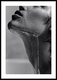Black and white poster with a sensual photograph of a model with running water-0