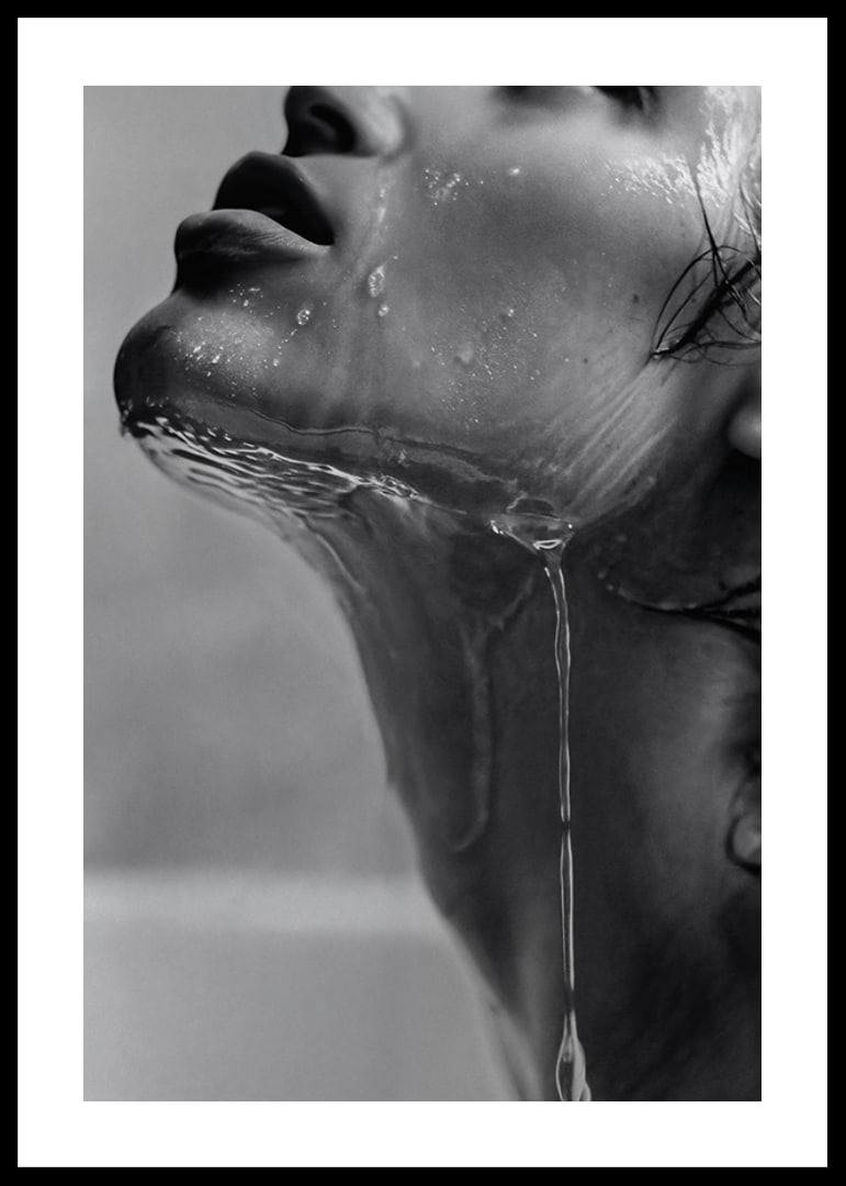 Black and white poster with a sensual photograph of a model with running water-12
