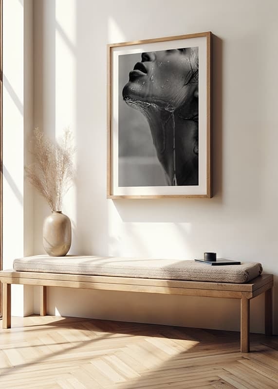 Black and white poster with a sensual photograph of a model with running water-12