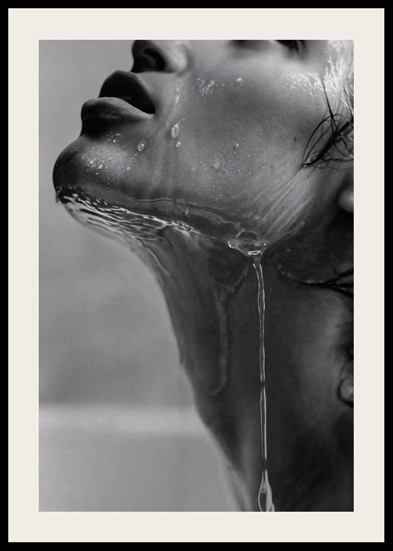 Black and white poster with a sensual photograph of a model with running water-12