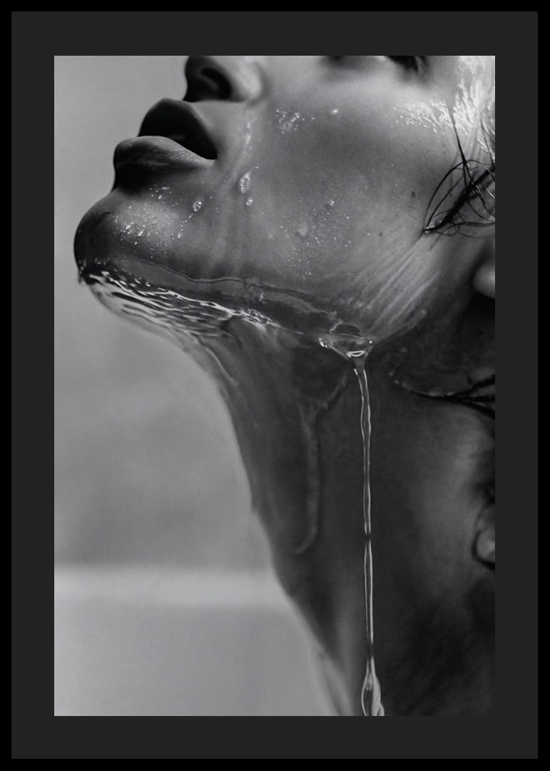 Black and white poster with a sensual photograph of a model with running water-12