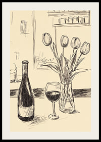 Poster with a minimalistic illustration of a wine bottle and tulips-2
