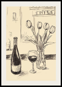 Poster with a minimalistic illustration of a wine bottle and tulips-2