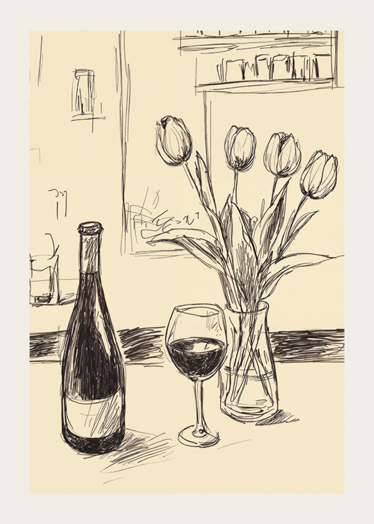 Poster with a minimalistic illustration of a wine bottle and tulips-12