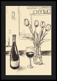 Poster with a minimalistic illustration of a wine bottle and tulips-4