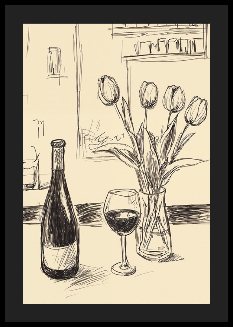 Poster with a minimalistic illustration of a wine bottle and tulips-12