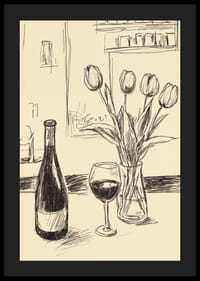 Poster with a minimalistic illustration of a wine bottle and tulips-4
