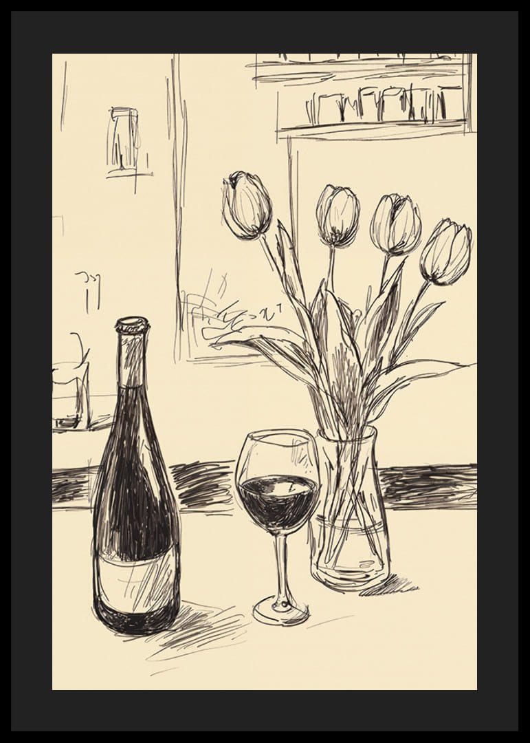 Poster with a minimalistic illustration of a wine bottle and tulips-12
