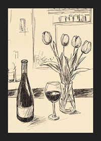 Poster with a minimalistic illustration of a wine bottle and tulips-5