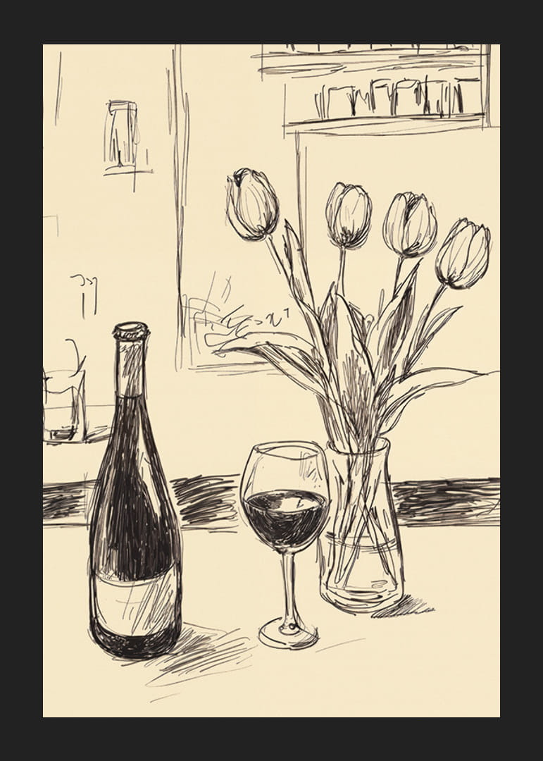 Poster with a minimalistic illustration of a wine bottle and tulips-12