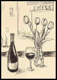 Poster with a minimalistic illustration of a wine bottle and tulips-6