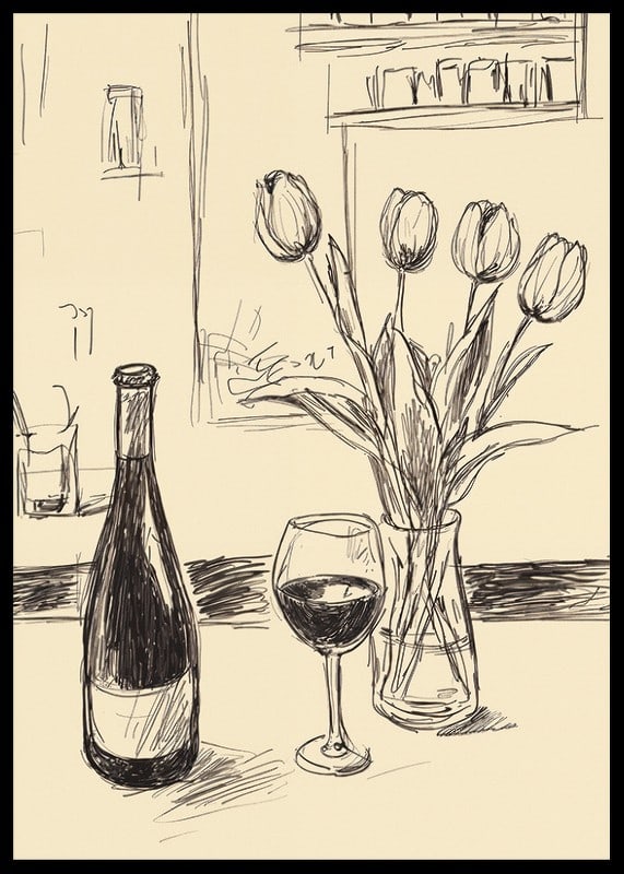 Poster with a minimalistic illustration of a wine bottle and tulips-12