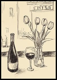 Poster cu o ilustrație minimalistă a unei sticle de vin și lalele-2
