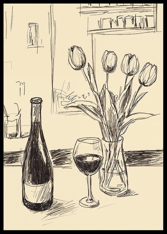 Poster cu o ilustrație minimalistă a unei sticle de vin și lalele-12