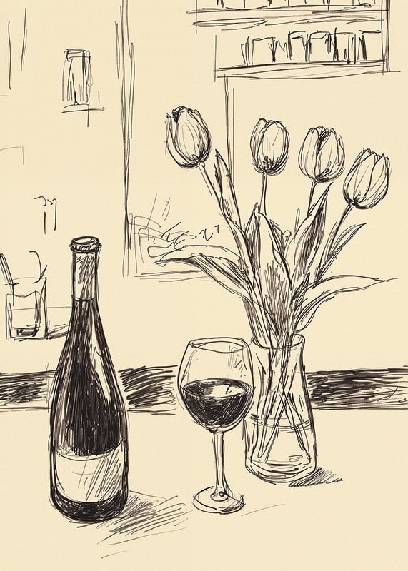 Poster with a minimalistic illustration of a wine bottle and tulips-12