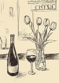 Poster cu o ilustrație minimalistă a unei sticle de vin și lalele-3