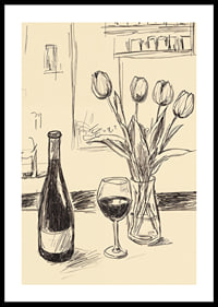 Poster with a minimalistic illustration of a wine bottle and tulips-0