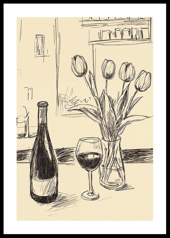 Poster cu o ilustrație minimalistă a unei sticle de vin și lalele-12