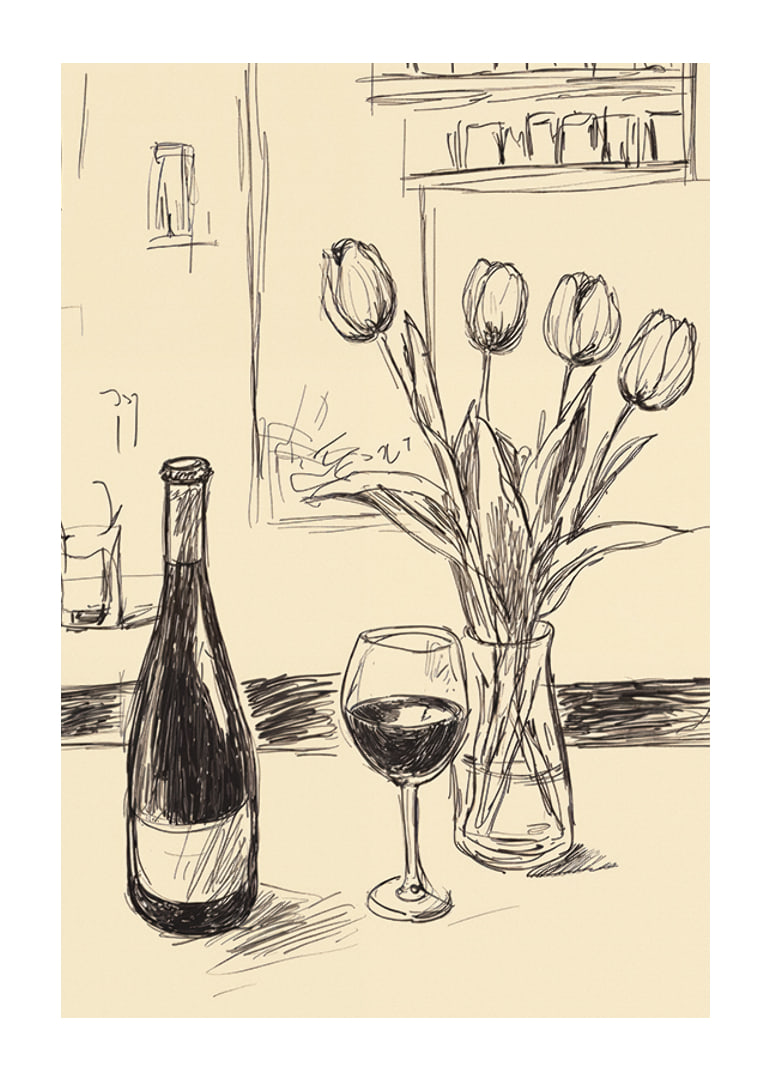Poster with a minimalistic illustration of a wine bottle and tulips-12