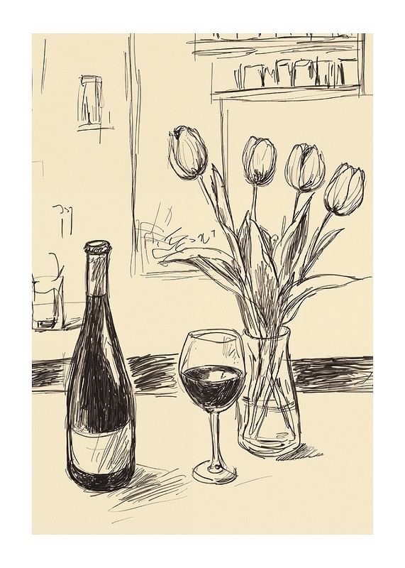 Poster cu o ilustrație minimalistă a unei sticle de vin și lalele-12