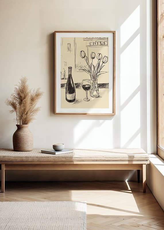 Poster with a minimalistic illustration of a wine bottle and tulips-12