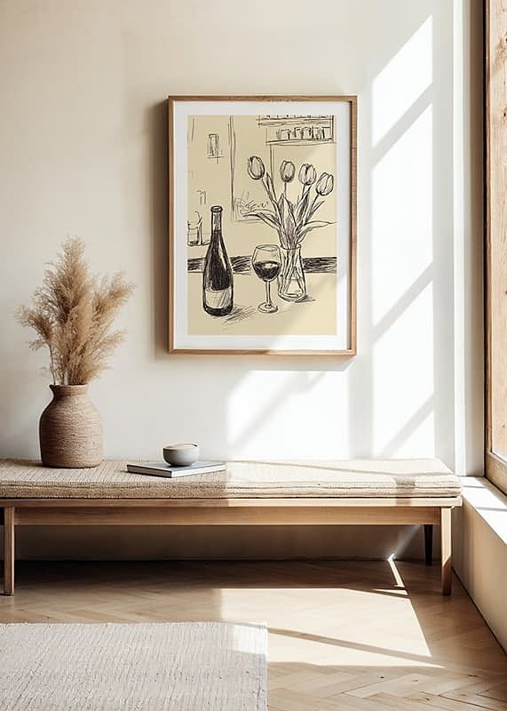 Poster cu o ilustrație minimalistă a unei sticle de vin și lalele-12