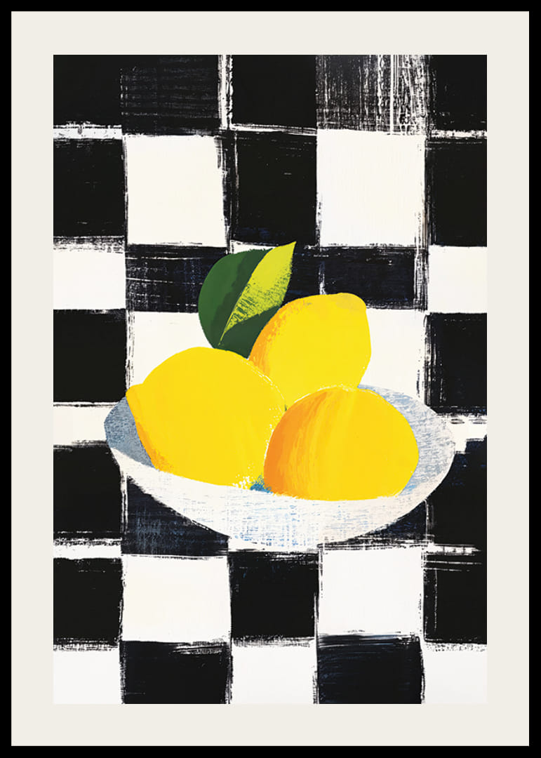 Poster con un dipinto di limoni su uno sfondo a scacchi bianco e nero-12