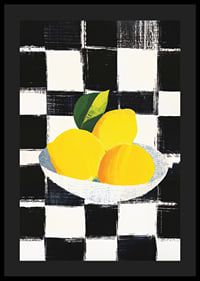 Poster med en målning av citroner mot en svartvit-rutig bakgrund-4